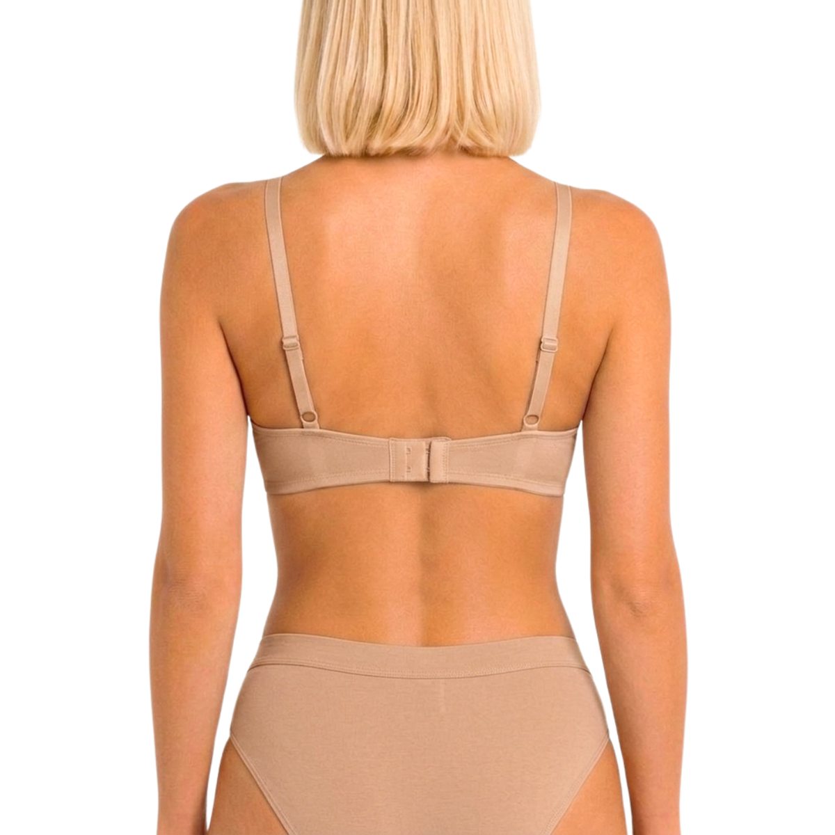 Rear view of a model wearing a beige seamless underwire bra and matching high-waisted briefs against a white background.