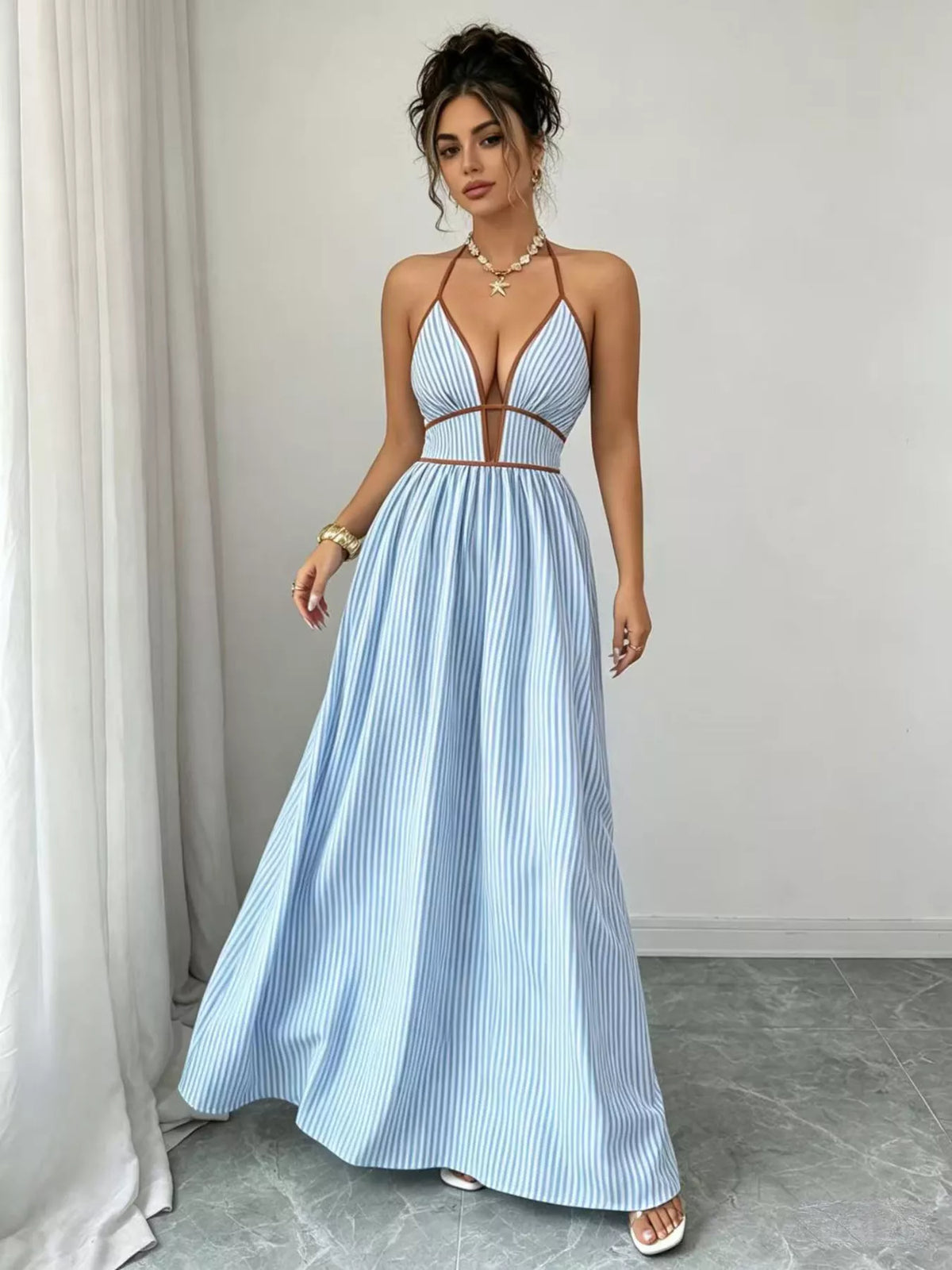 Striped Halter Neck Maxi Dress, alternate view