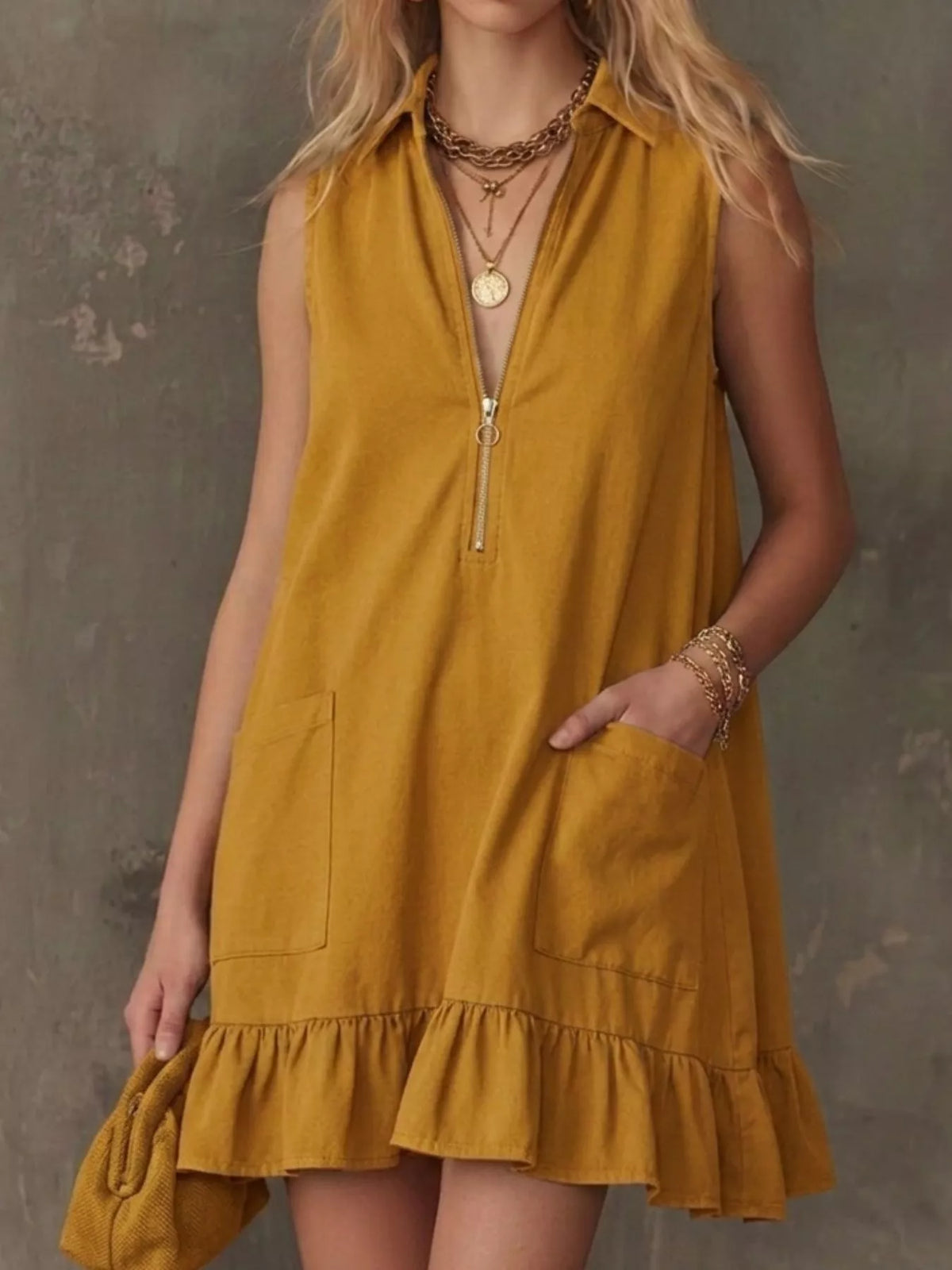 Sleeveless Collared Zip-Front Ruffle Hem Dress, additional detail