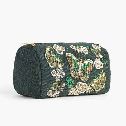 Green cosmetic bag with butterfly and floral embroidery on a white background