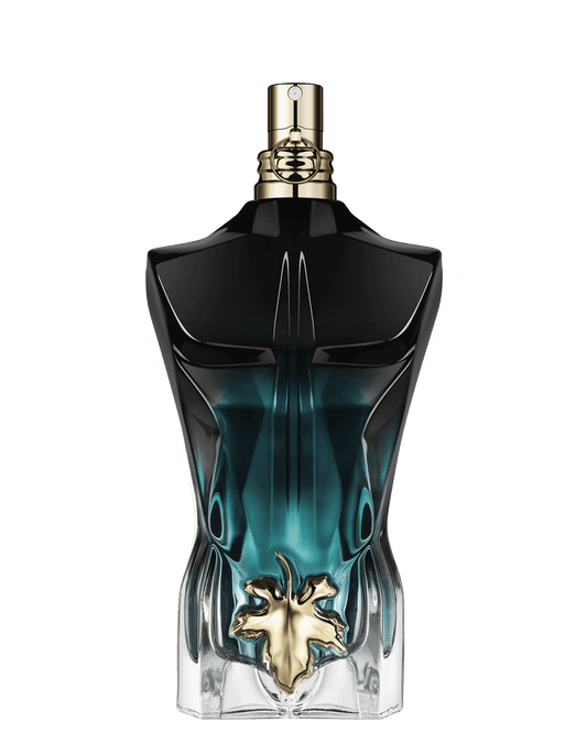 Perfume bottle with black and blue design on a green background
