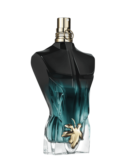 Jean Paul Gaultier Le Beau Le Parfum bottle, sculpted as a male torso with a gold emblem, on a transparent background.