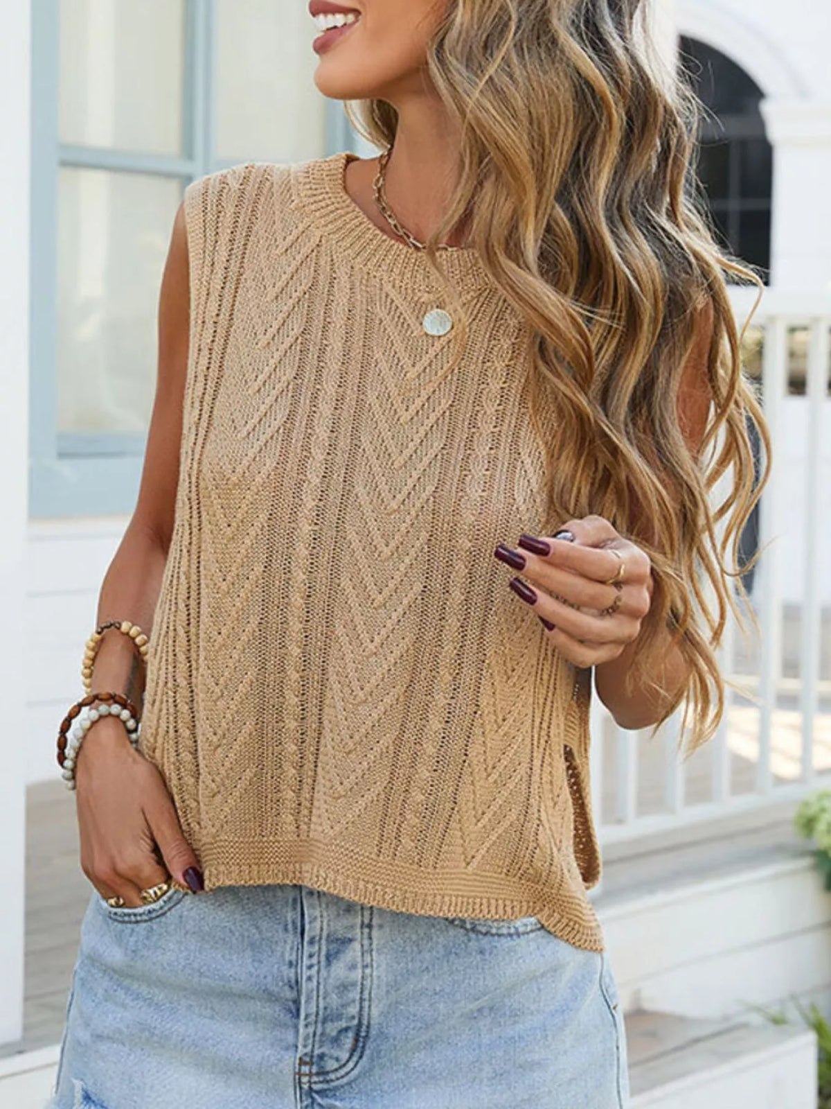 Cable knit round neck sweater vest, alternate view (2)