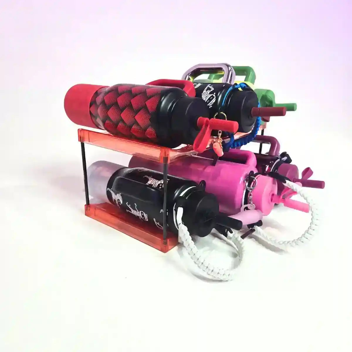 Colorful water gun with multiple nozzles on a white background