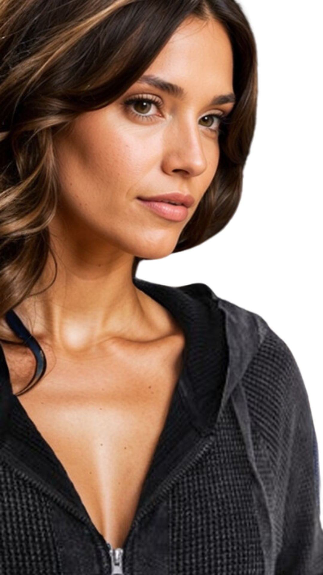 Woman wearing a black zip-up hoodie on a white background