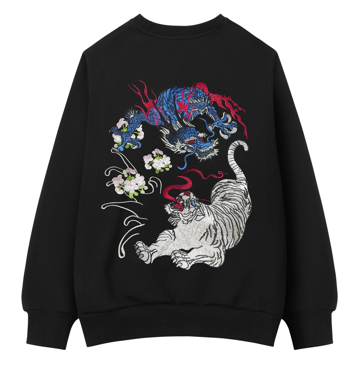 Black sweatshirt with a colorful dragon and tiger design on a white background