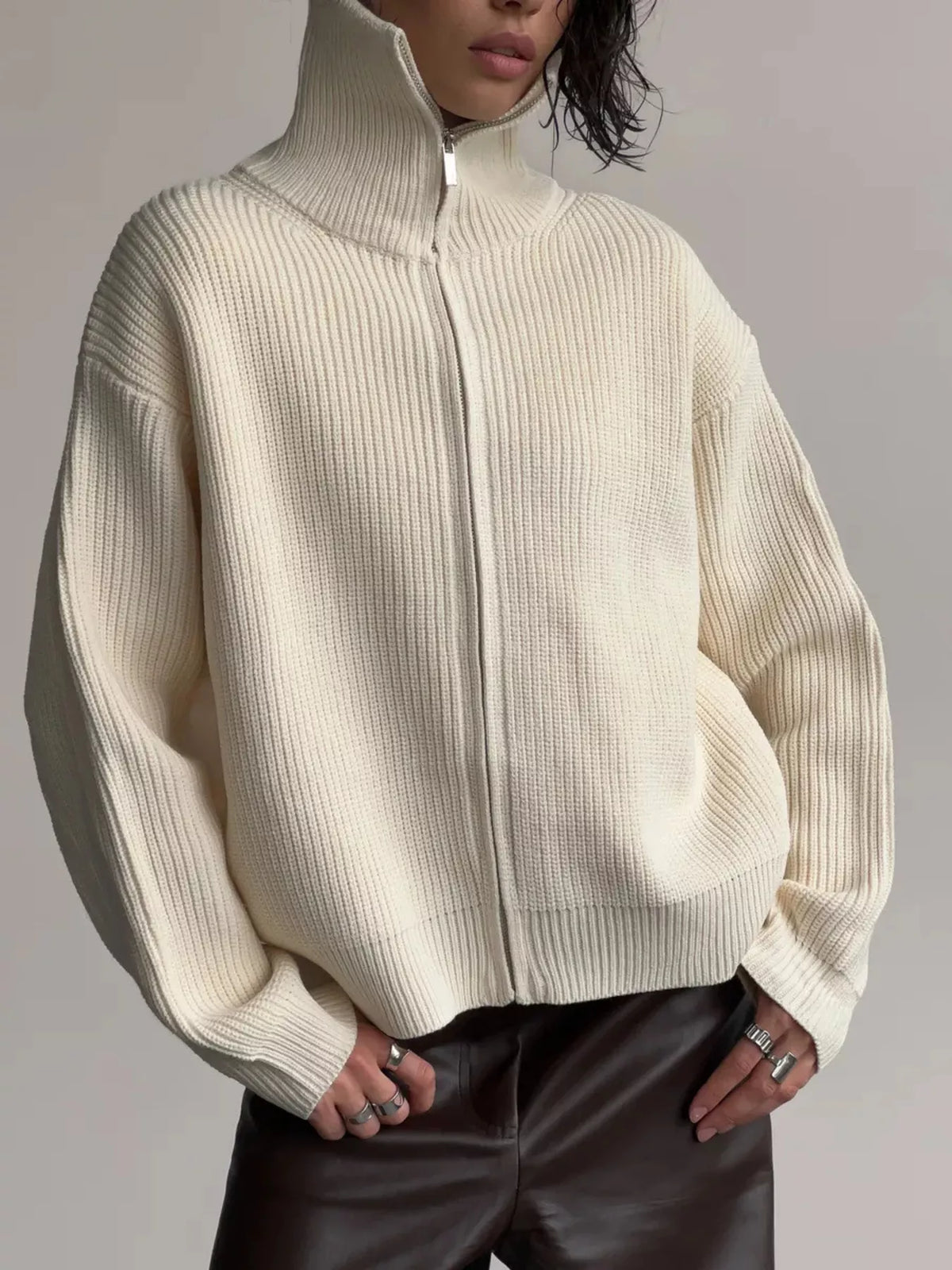 Zip-up ribbed knit cardigan, product photo