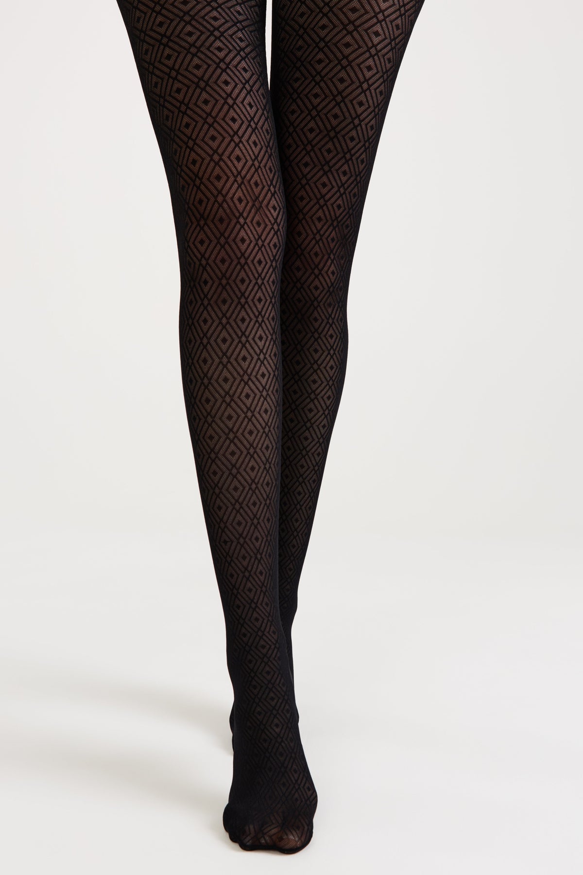 Conte Alba Fantasy Tights — Geometric Diamond Pattern in Nero Black, styled photo