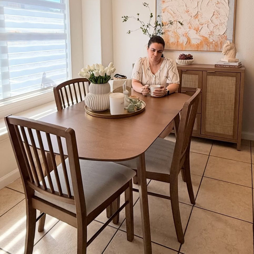 ACTU slatted-back upholstered dining chair in walnut with a beige seat