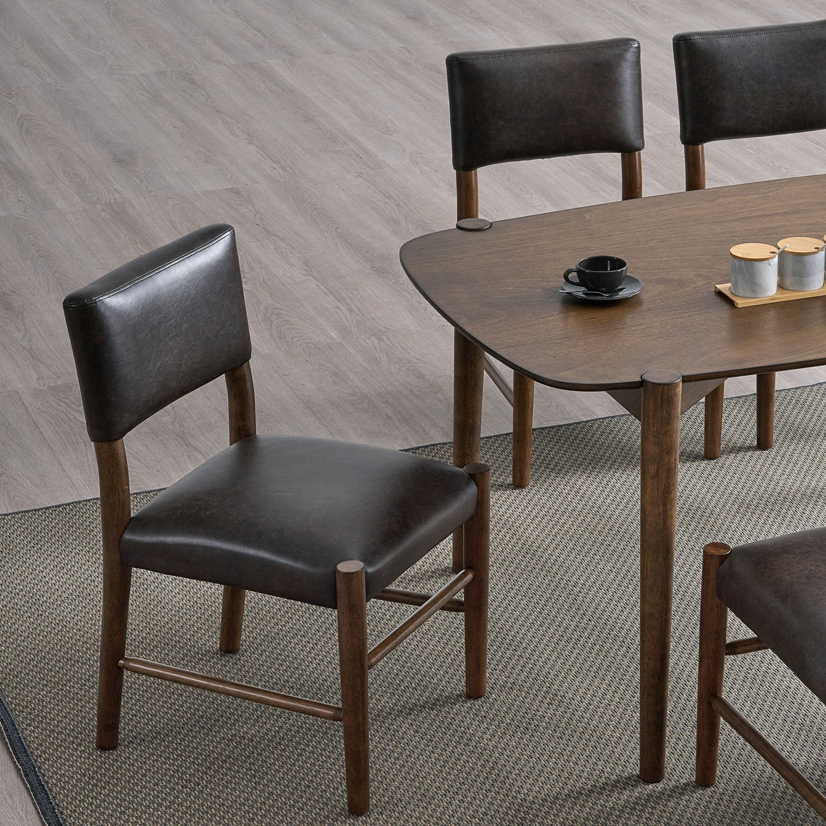ACTU 58-inch mid-century dining table set in walnut with leather-look chairs — view 3
