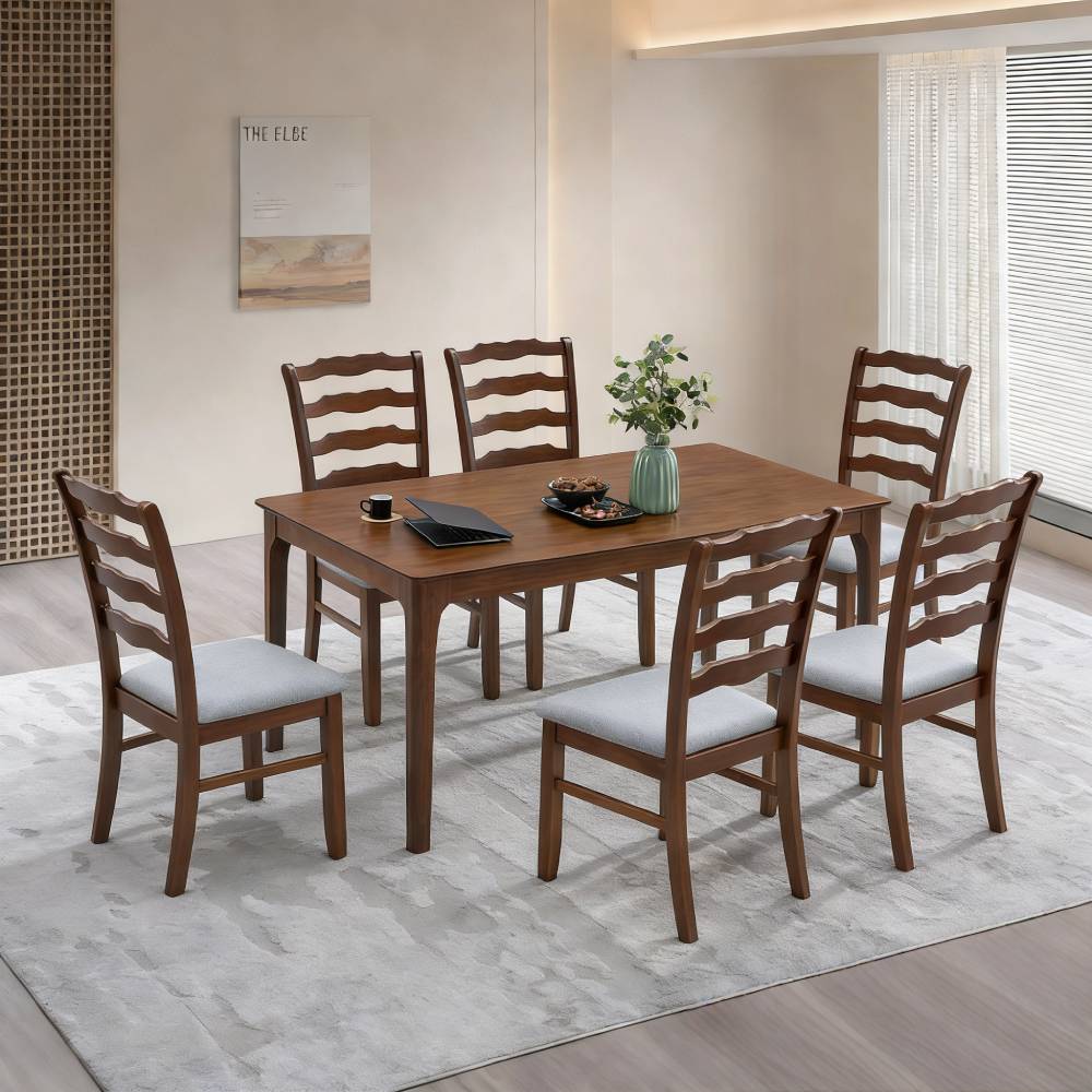 ACTU farmhouse dining table set with ladder-back upholstered chairs — view 3
