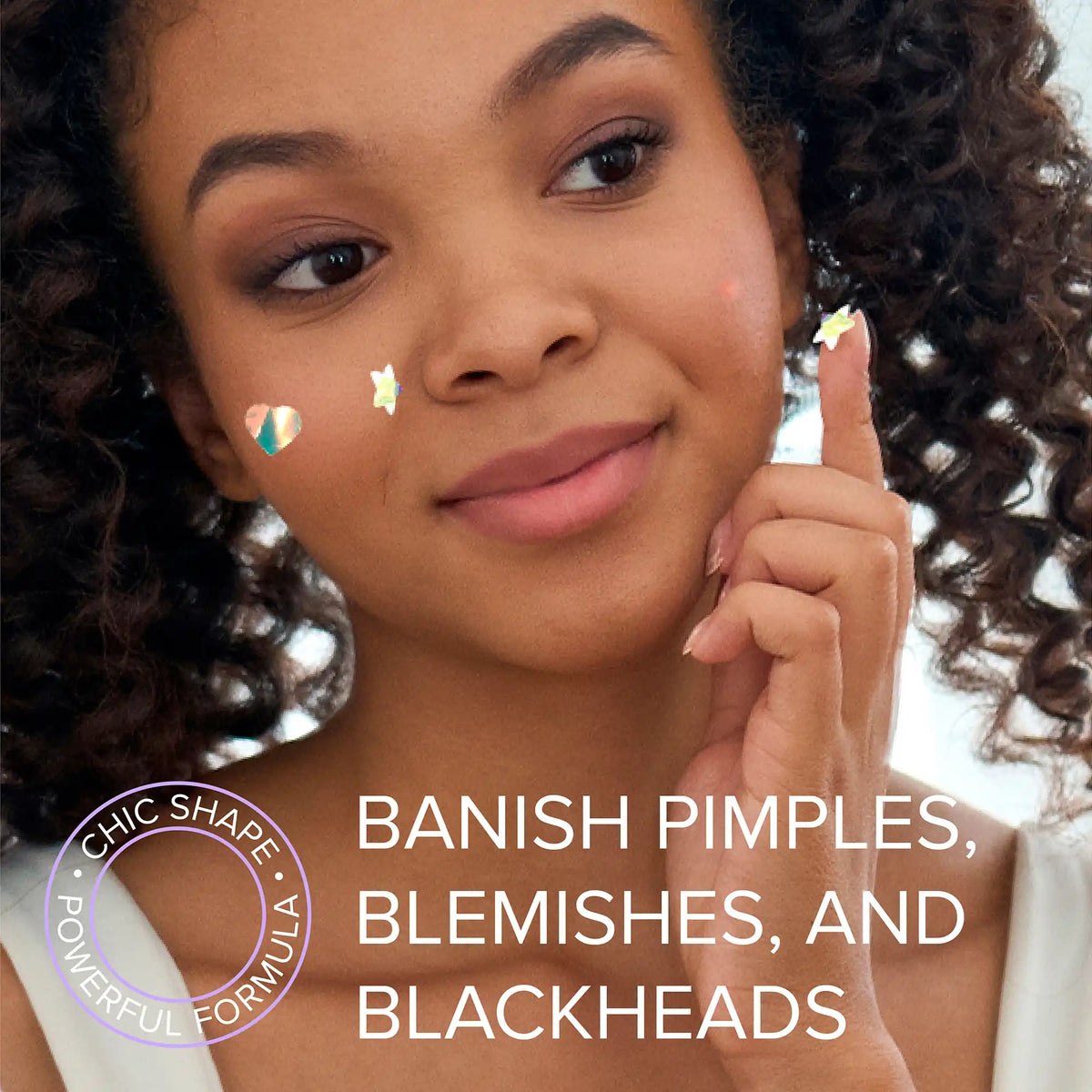 Woman pointing to her face with skincare product, text 'Banish Pimples, Blemishes, and Blackheads' and brand logo.