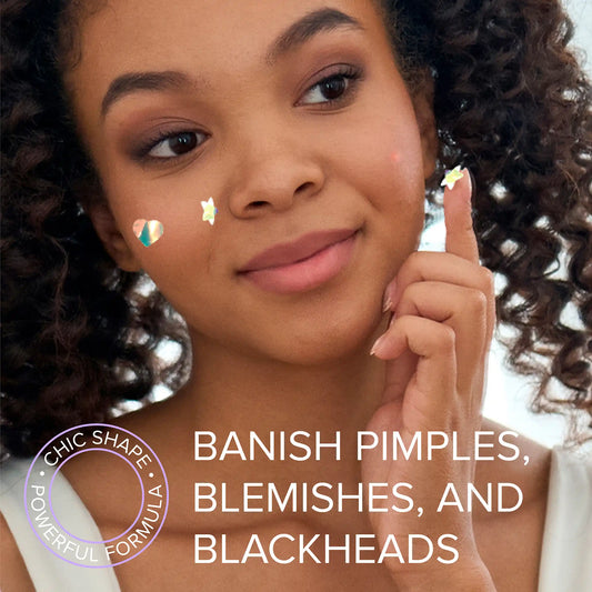 Woman pointing to her face with skincare product, text 'Banish Pimples, Blemishes, and Blackheads' and brand logo.