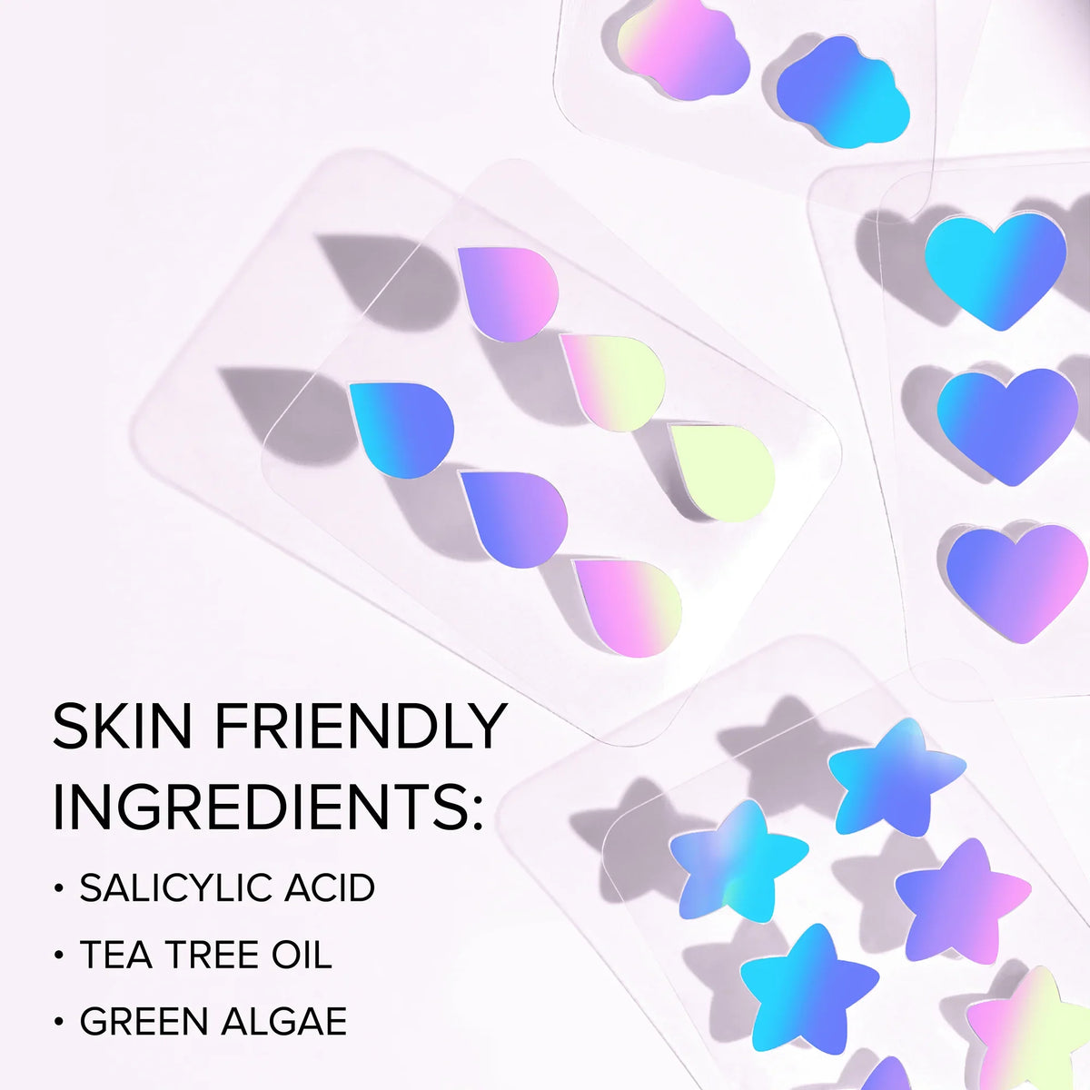 Colorful star and heart-shaped labels with text about skin-friendly ingredients on a white background