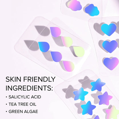Colorful star and heart-shaped labels with text about skin-friendly ingredients on a white background