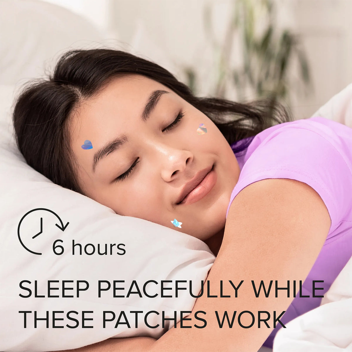 Woman sleeping with patches on her face, text indicating 6 hours of sleep.