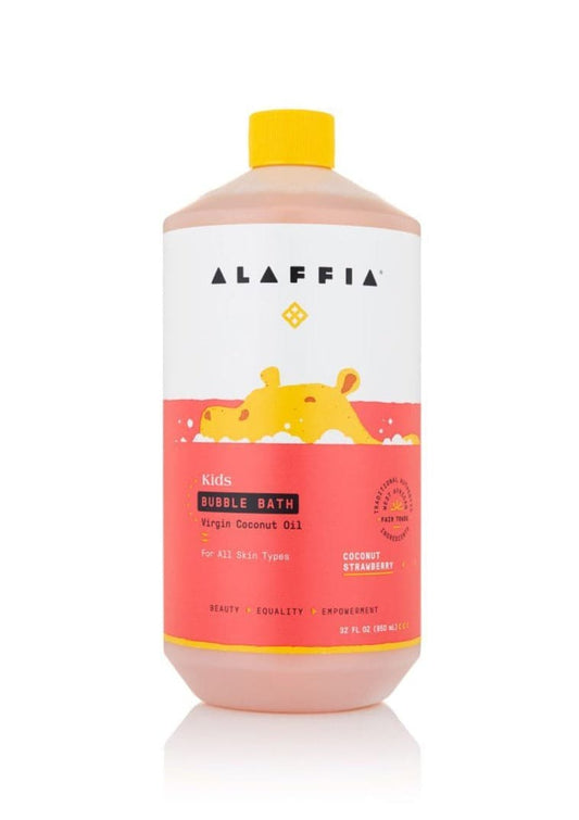 Alaffia Kids Bubble Bath in Coconut Strawberry, bottle with a yellow cap on a white background