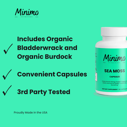 Minimo Nutrition Sea Moss with Bladderwrack and Burdock Root, supplier supplemental product graphic