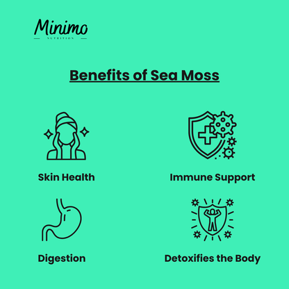 Minimo Nutrition Sea Moss with Bladderwrack and Burdock Root, supplier supplemental product graphic, third in series