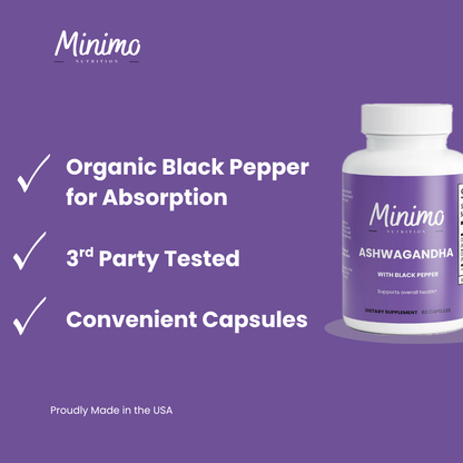 Minimo Nutrition Organic Ashwagandha with Black Pepper, supplier supplemental product graphic