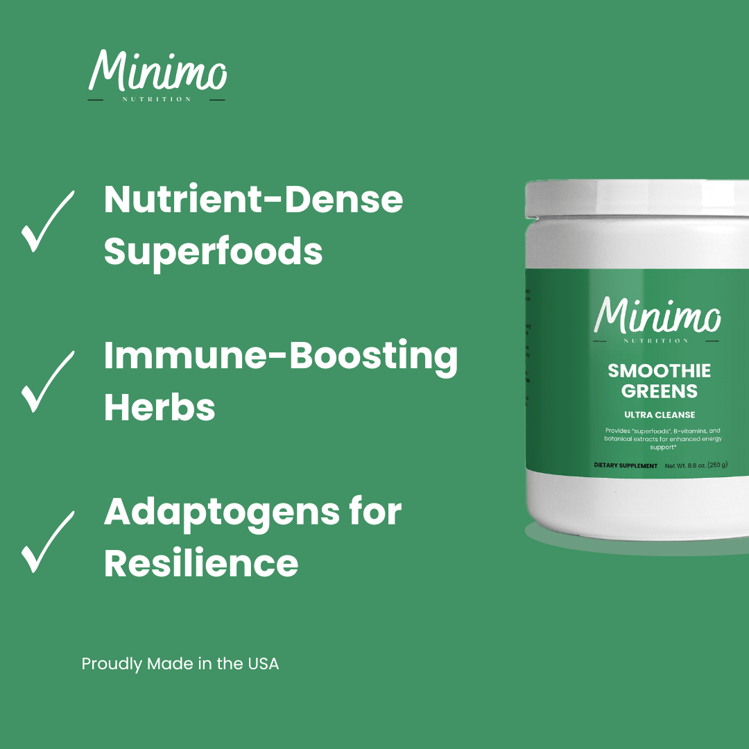 Minimo Nutrition Ultra Cleanse Smoothie Greens, supplier supplemental product graphic