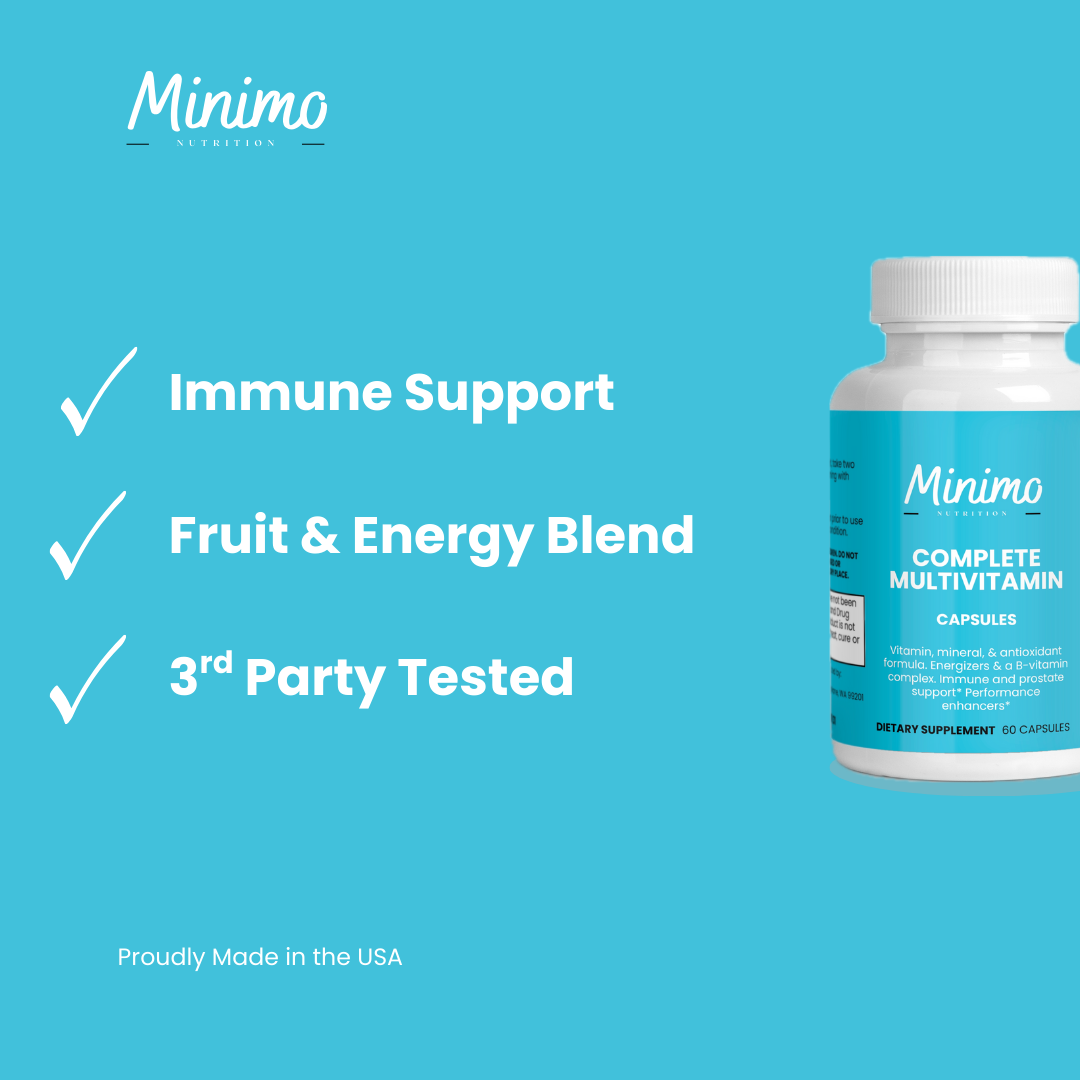 Minimo Nutrition Complete Multivitamin + Immunity Boost, supplier supplemental product graphic