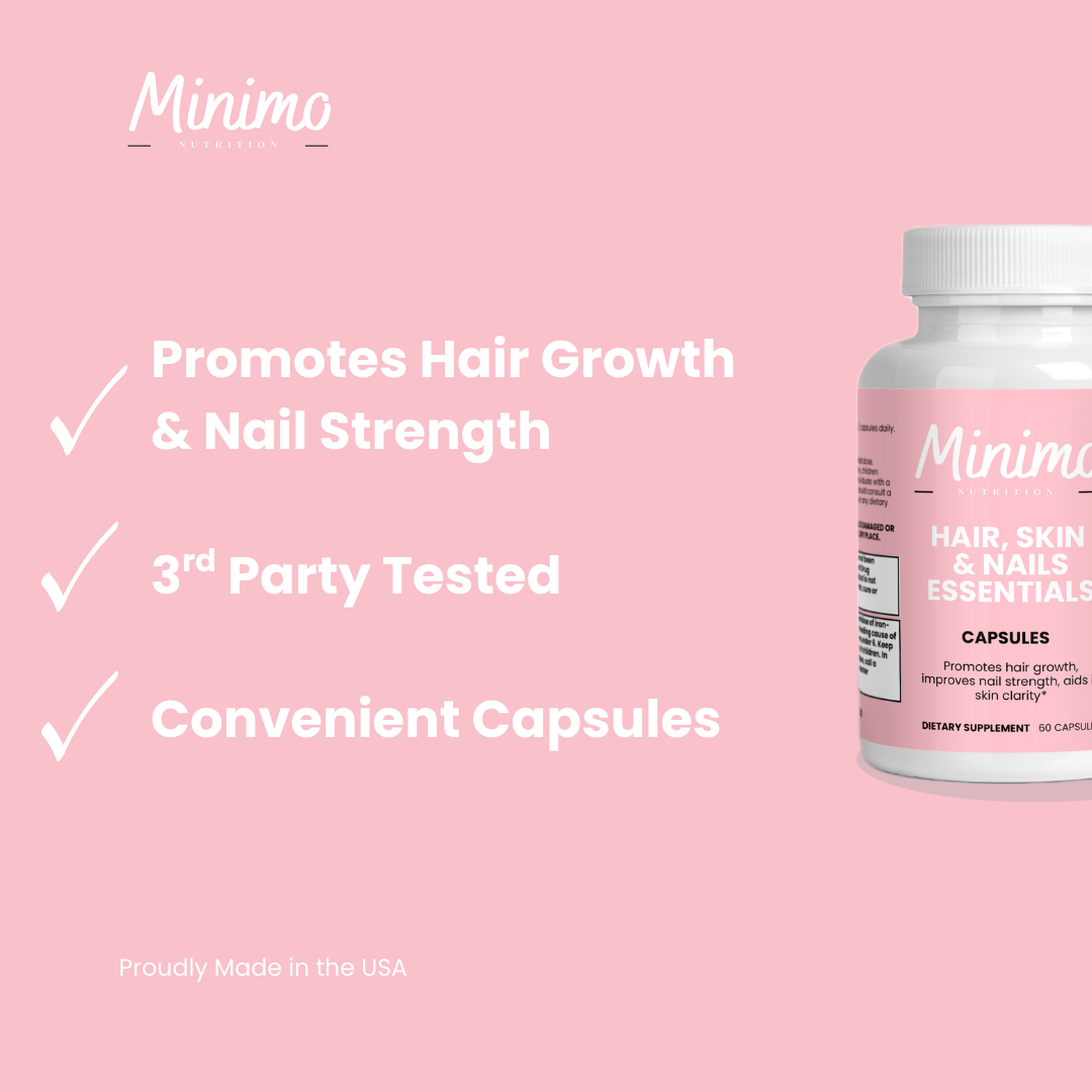 Minimo Nutrition Hair, Skin and Nails Essentials, supplier supplemental product graphic