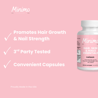 Minimo Nutrition Hair, Skin and Nails Essentials, supplier supplemental product graphic