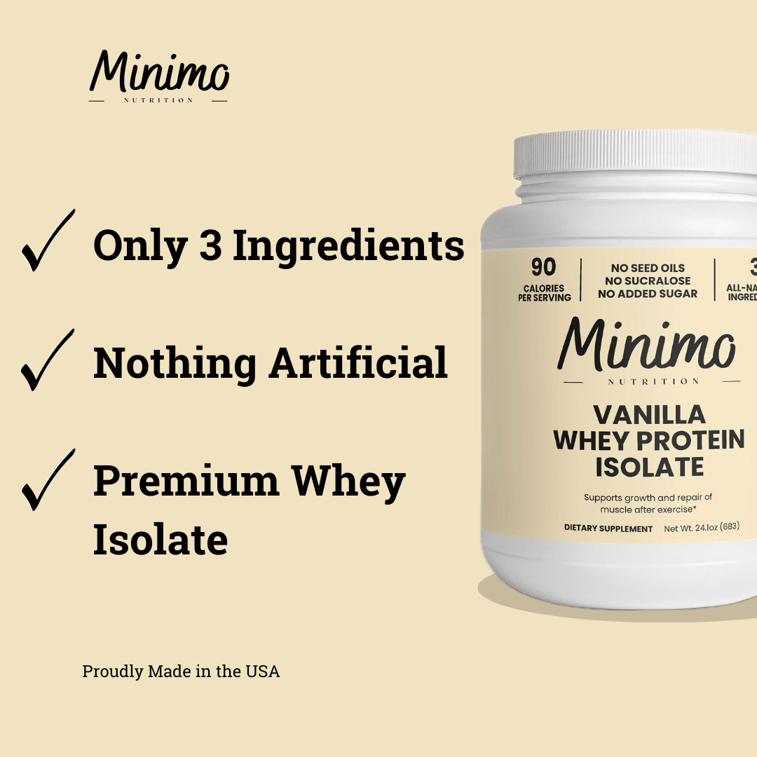 Minimo Nutrition Vanilla Whey Isolate Protein Powder, supplier supplemental product graphic