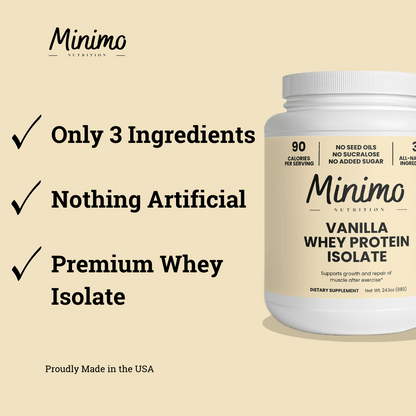 Minimo Nutrition Vanilla Whey Isolate Protein Powder, supplier supplemental product graphic