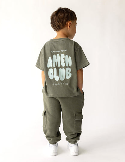 Amen Club Kids Tee in Hunter Green, styled photo