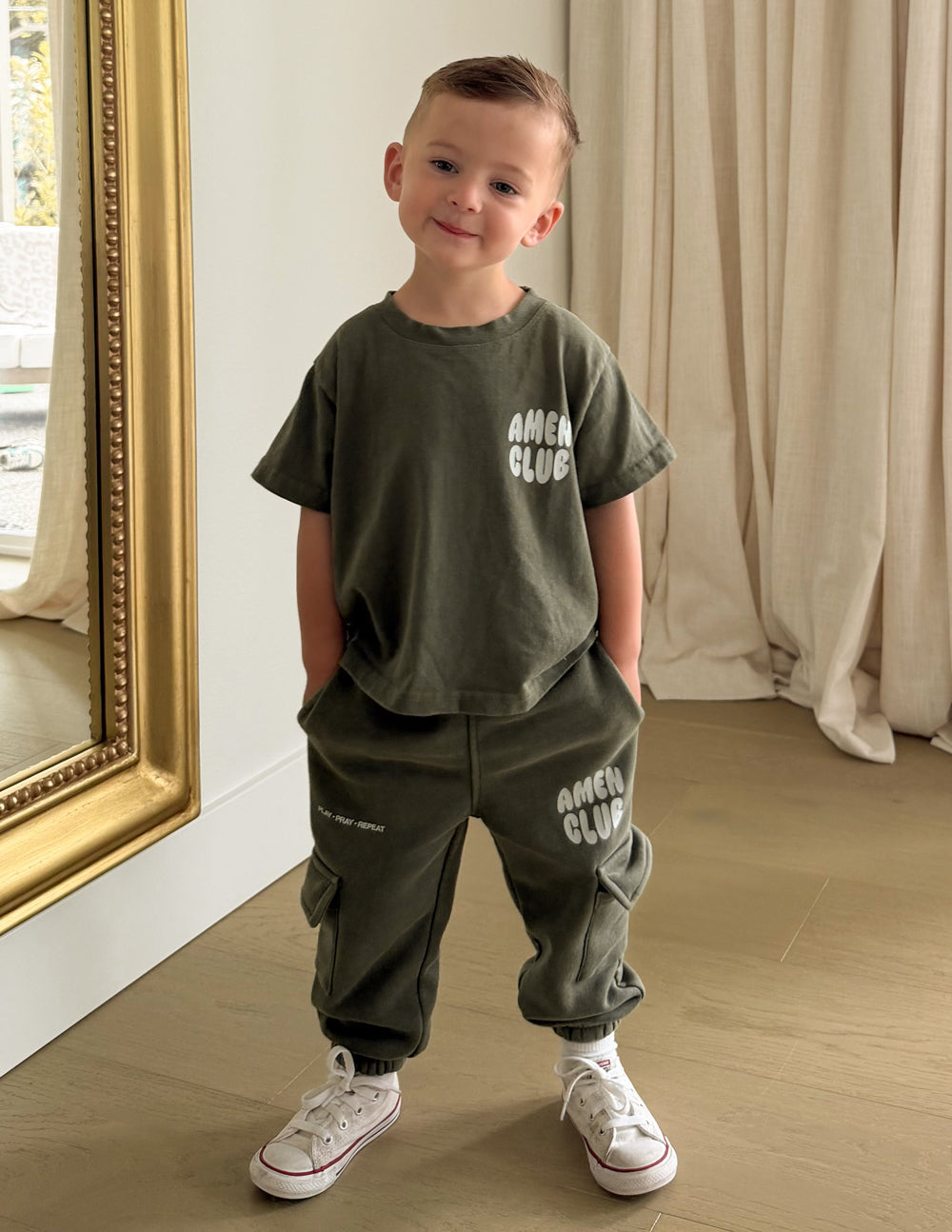 Amen Club Kids Tee in Hunter Green, styled photo (2)
