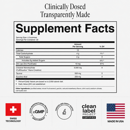 Supplement facts label with various certifications on a white background