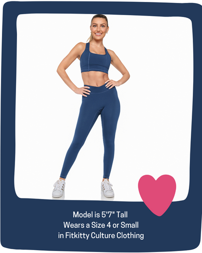 Woman wearing blue athletic outfit with text about model's height and clothing size.