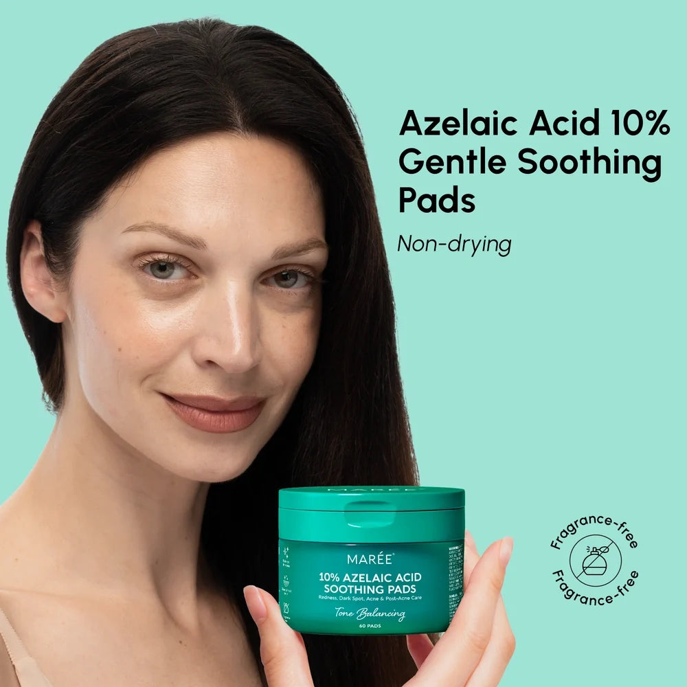 Woman holding a container of Maré Azelaic Acid 10% Gentle Soothing Pads against a teal background