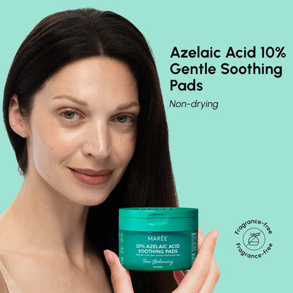Woman holding a container of Maré Azelaic Acid 10% Gentle Soothing Pads against a teal background
