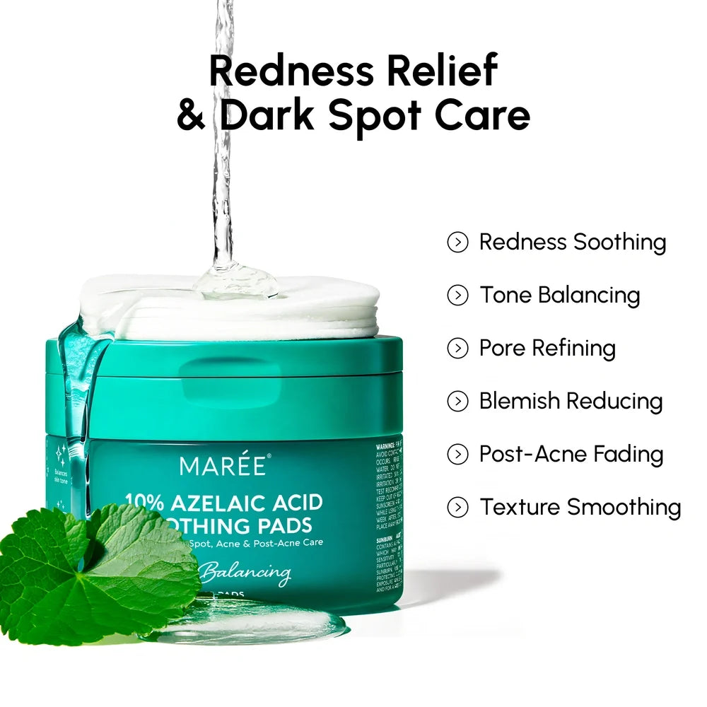 Jar of Maree 10% Azelaic Acid soothing pads with green leaf on a white background