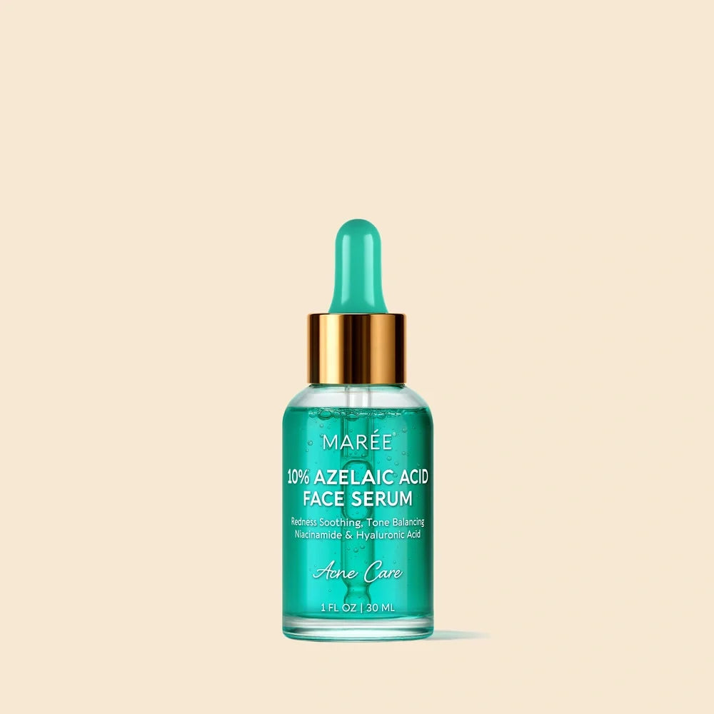 A 10% Azelaic Acid Face Serum by Marée in a clear glass dropper bottle with a metallic gold collar and a translucent teal-green rubber dropper top. The product is centered against a solid, warm beige background.
