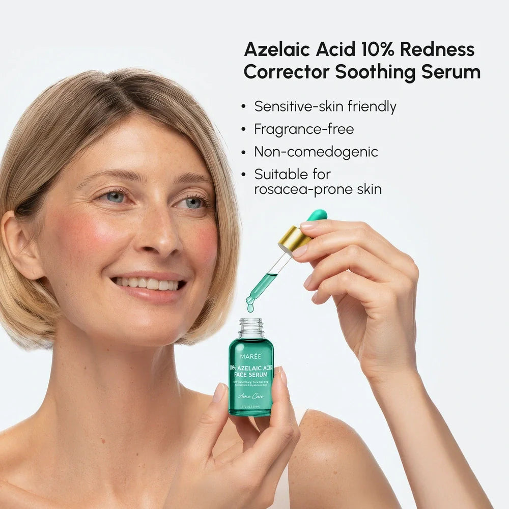 Woman holding a bottle of azelaic acid serum with dropper, against a white background.