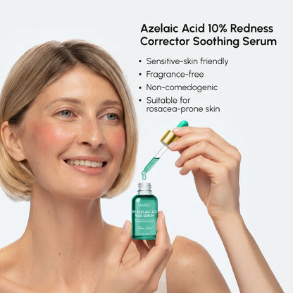 Woman holding a bottle of azelaic acid serum with dropper, against a white background.
