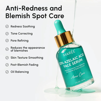 Maree 10% Azelaic Acid Face Serum bottle with dropper on a white background, featuring text about product benefits.