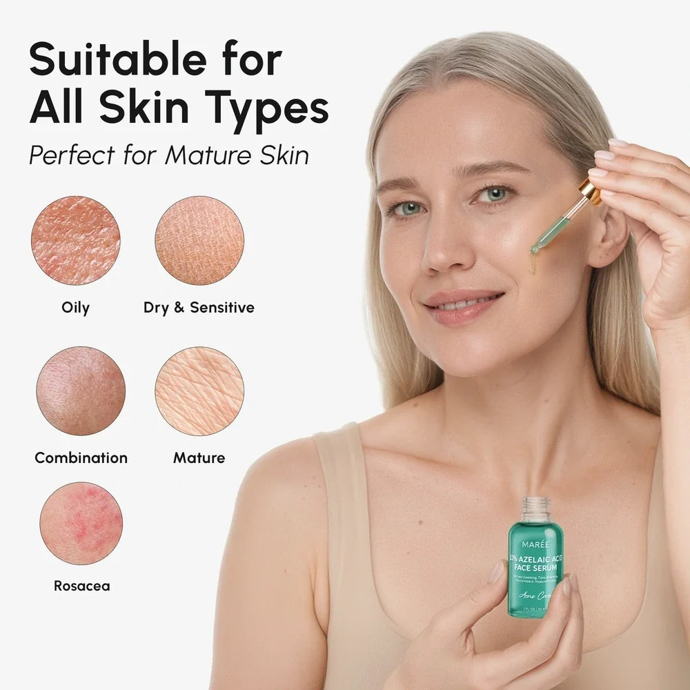 Woman applying skincare product with product suitable for all skin types displayed.