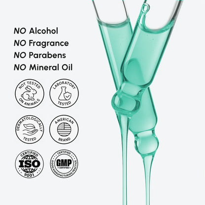 Green liquid being poured into a glass with certification logos on a white background