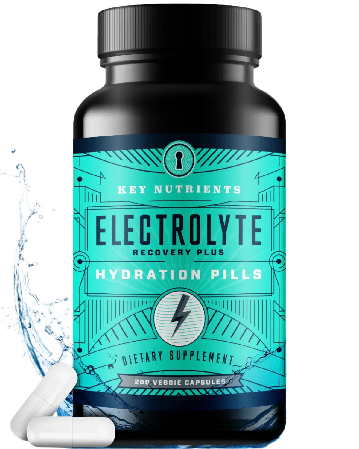 Bottle of Electrolyte Recovery Plus Hydration Pills with a blue label on a white background