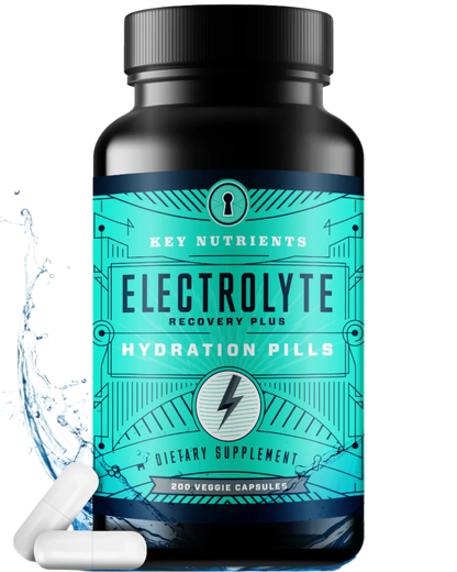 Bottle of Electrolyte Recovery Plus Hydration Pills with a blue label on a white background