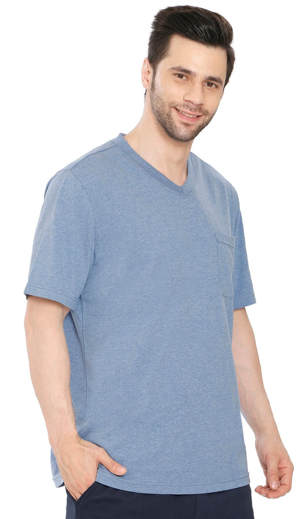 Turtle Bay men's heavyweight v-neck pocket t-shirt in Blue Heather, alternate view