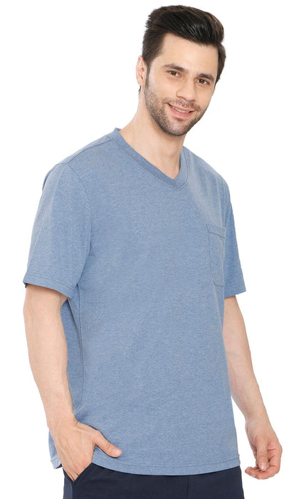 Turtle Bay men's heavyweight v-neck pocket t-shirt in Blue Heather, alternate view