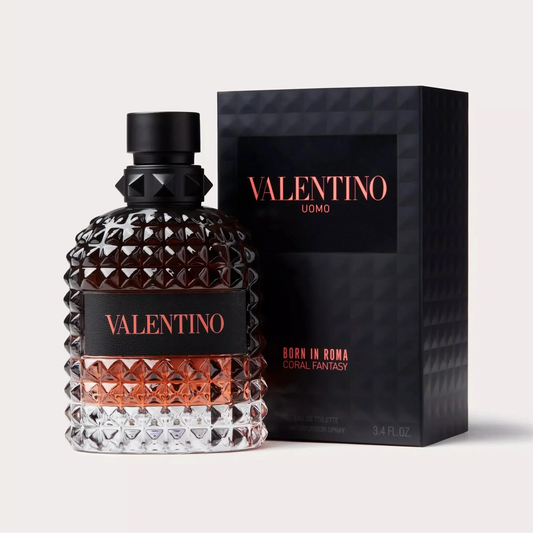 Valentino Uomo Born in Roma Coral Fantasy Eau de Toilette bottle and packaging on a light gray background