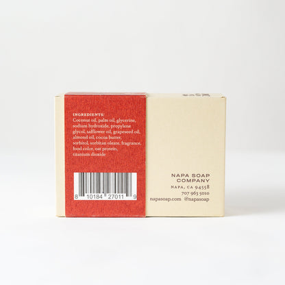 Back view of a soap packaging with Napa Soap Company details on a white background