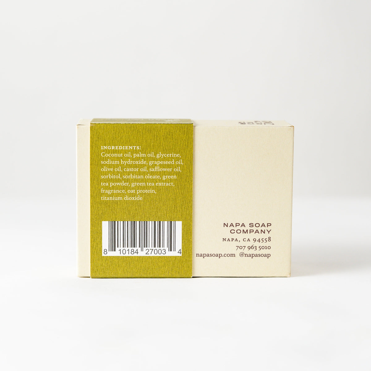 Napa Soap Company soap bar packaging with green and beige design on a white background